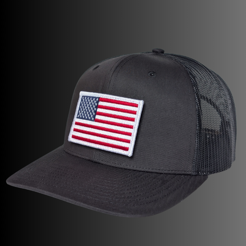 American Flag patch on Richardson 112 trucker hat - RADISH -  Black/Black