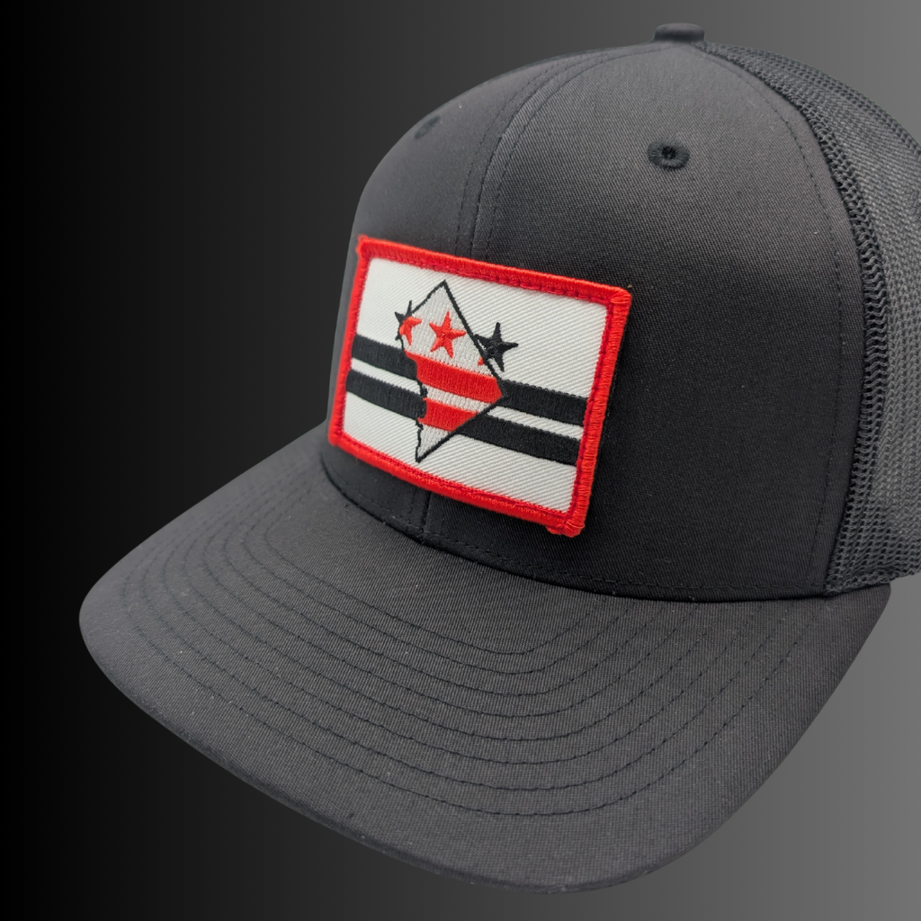 D.C. patch on Richardson 112 trucker hat - RADISH -  Black/Black