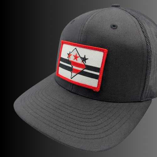 D.C. patch on Richardson 112 trucker hat - RADISH -  Black/Black