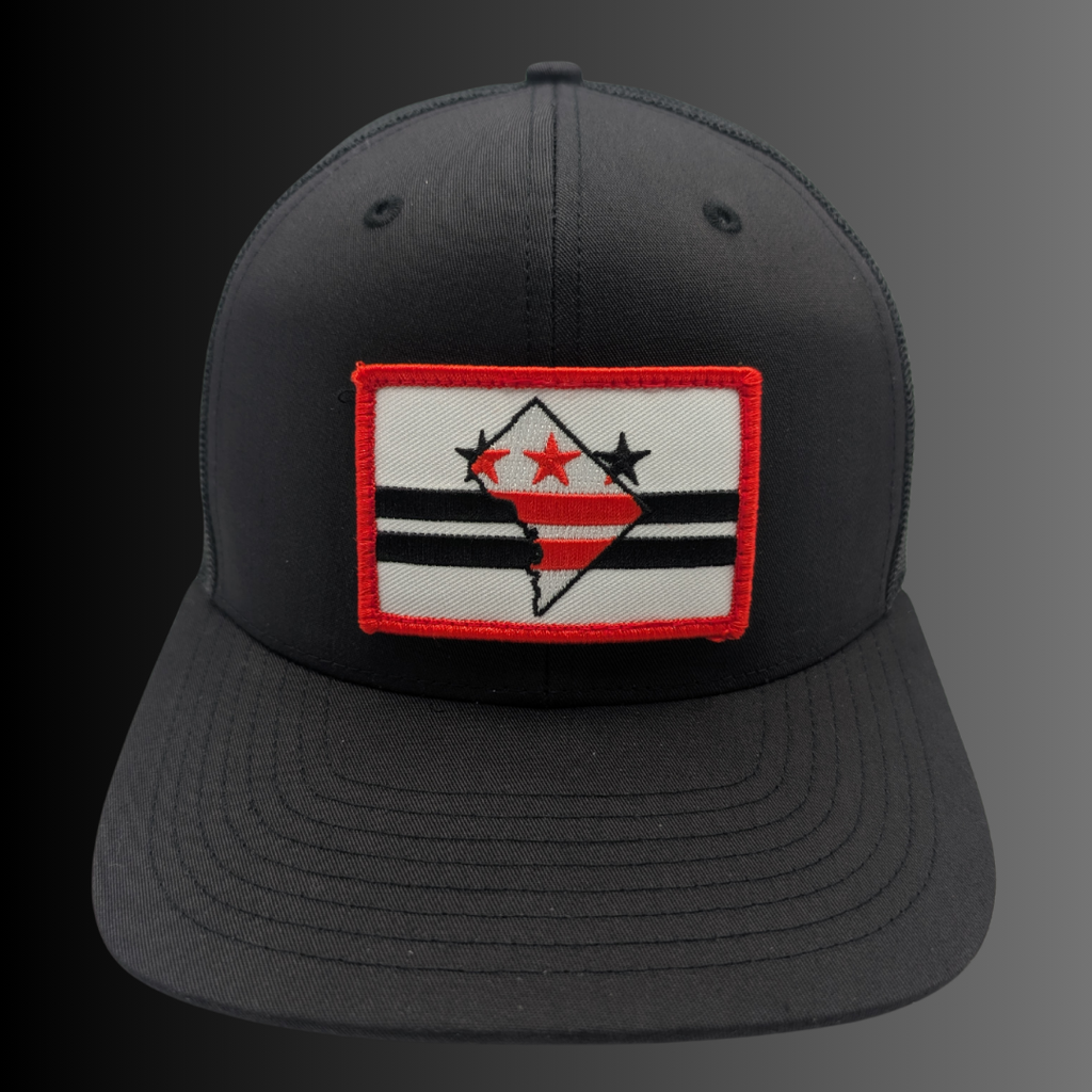 D.C. patch on Richardson 112 trucker hat - RADISH -  Black/Black