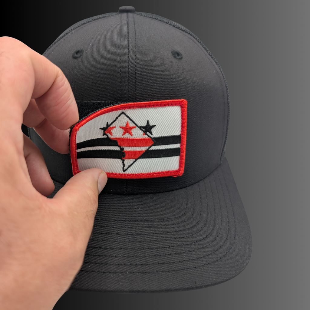 D.C. patch on Richardson 112 trucker hat - RADISH -  Black/Black