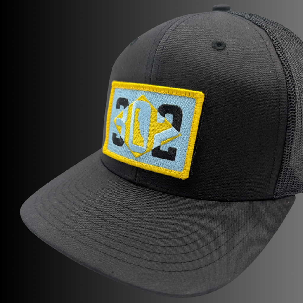 Delaware 302 patch on Richardson 112 trucker hat - RADISH -  Black/Black
