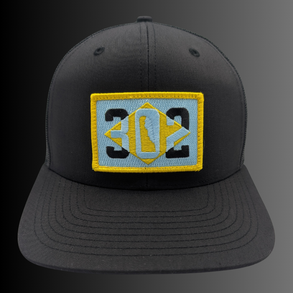 Delaware 302 patch on Richardson 112 trucker hat - RADISH -  Black/Black