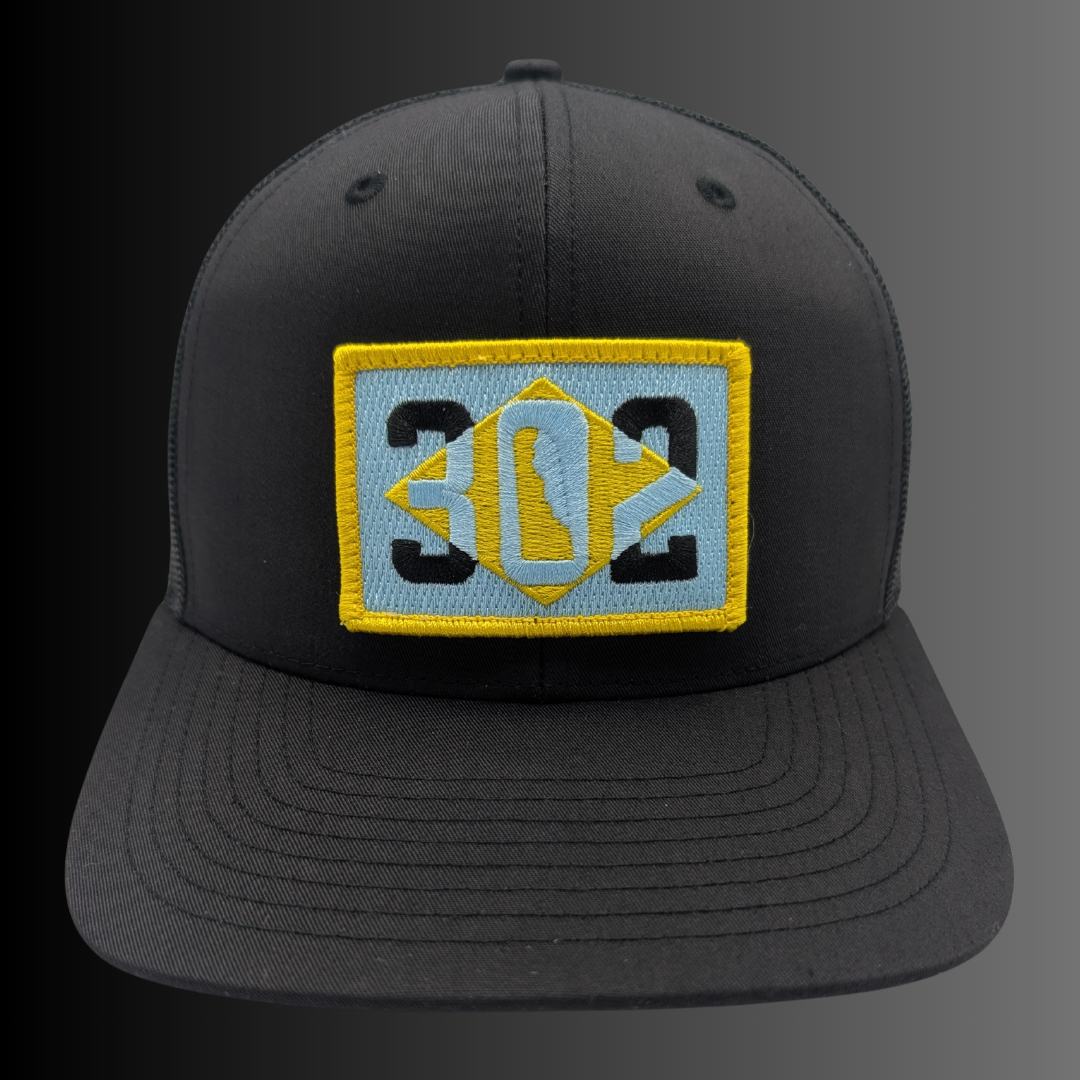 Delaware 302 patch on Richardson 112 trucker hat - RADISH -  Black/Black