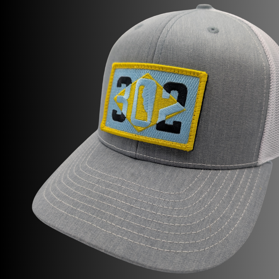 Delaware 302 patch on Richardson 112 trucker hat - RADISH -  Grey/White