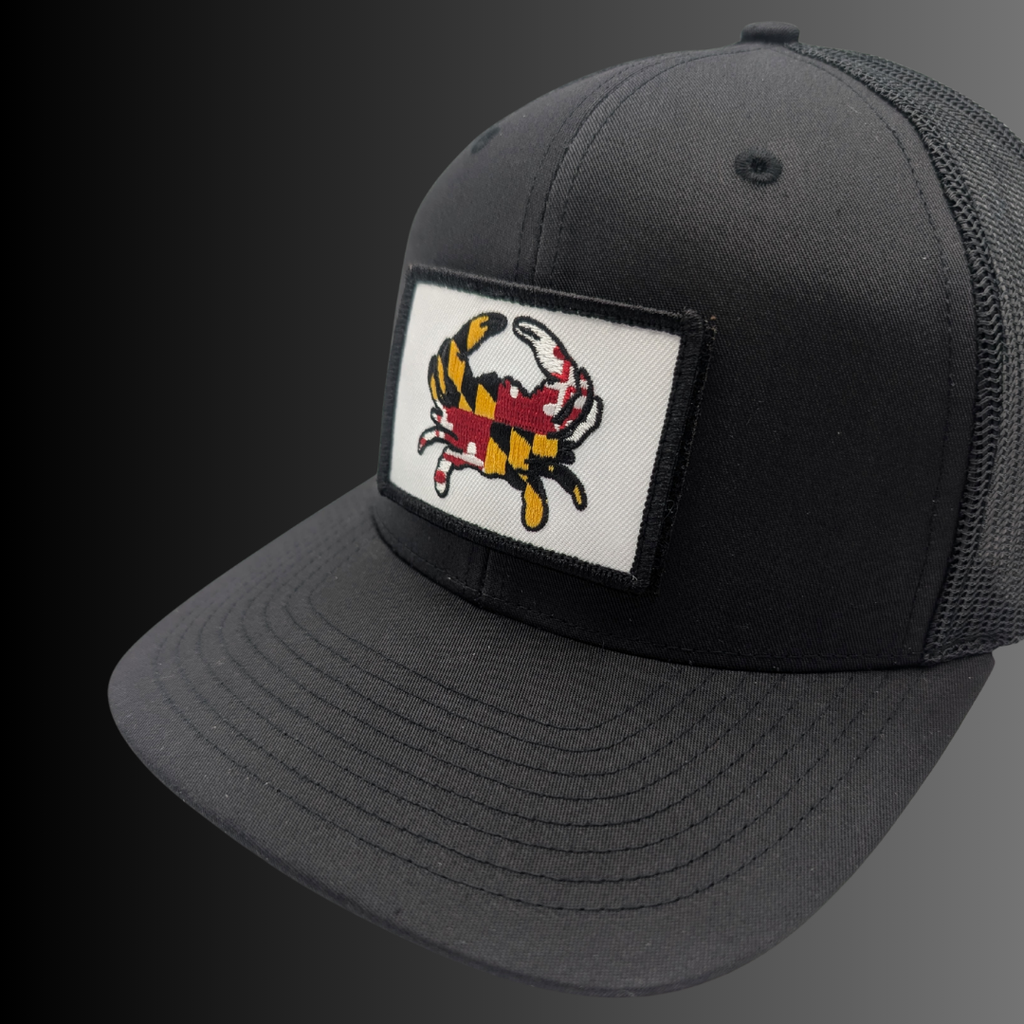 Maryland Flag Crab patch on Richardson 112 trucker hat - RADISH -  Black/Black