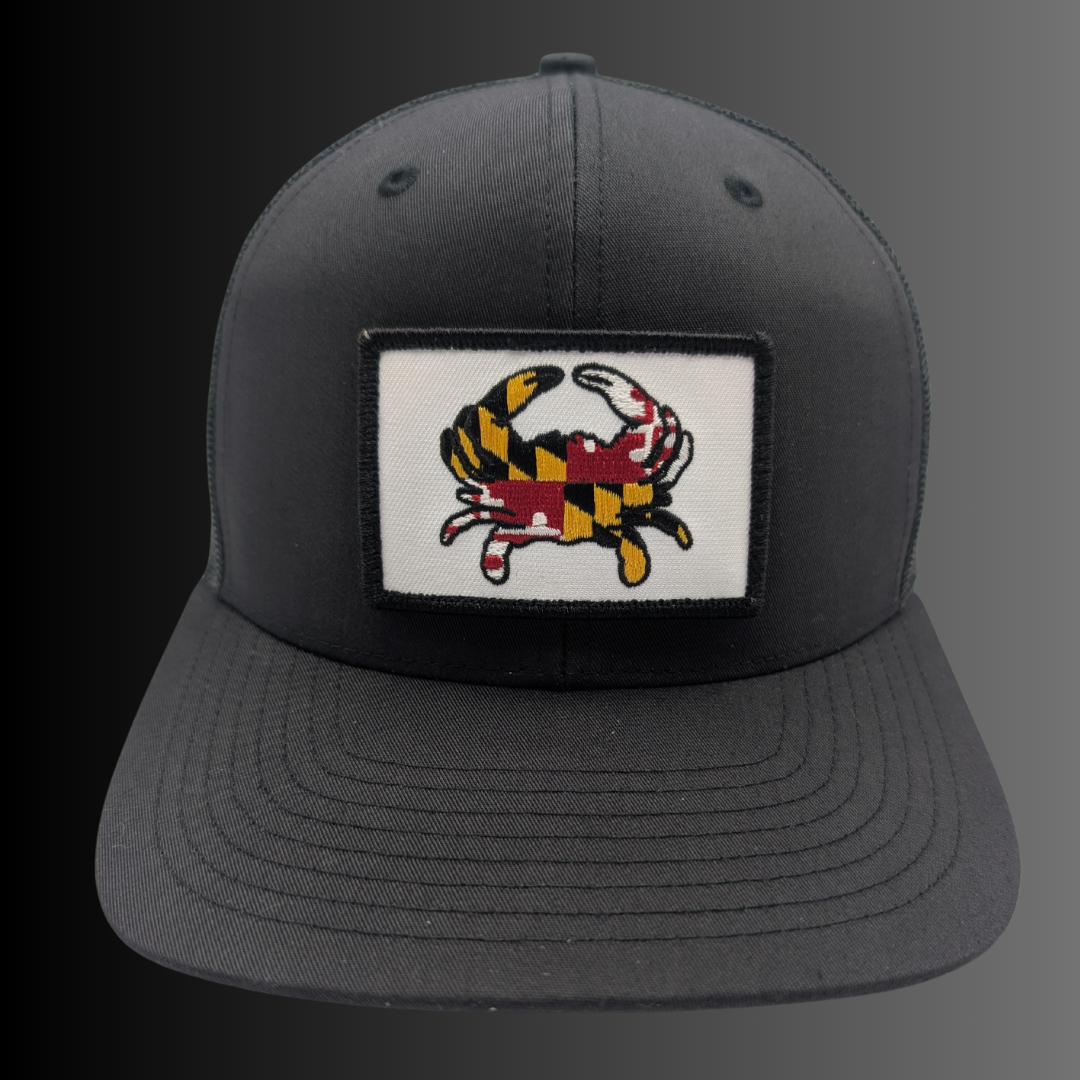 Maryland Flag Crab patch on Richardson 112 trucker hat - RADISH -  Black/Black