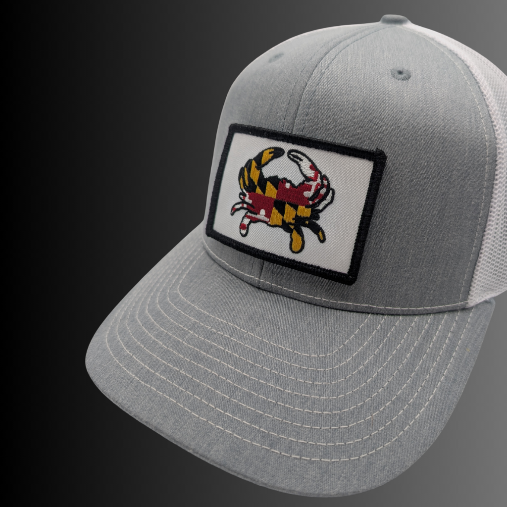 Maryland Flag Crab patch on Richardson 112 trucker hat - RADISH -  Grey/White