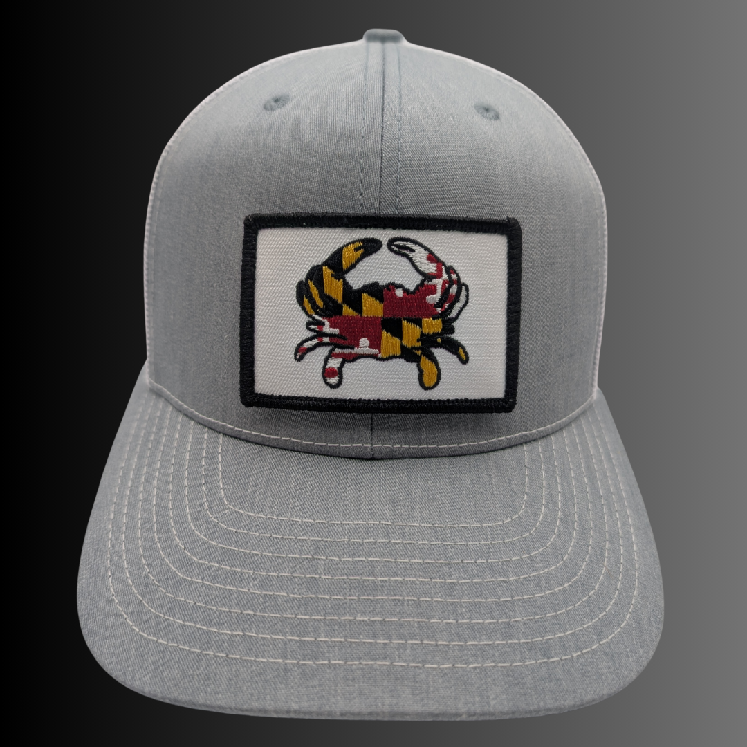 Maryland Flag Crab patch on Richardson 112 trucker hat - RADISH -  Grey/White