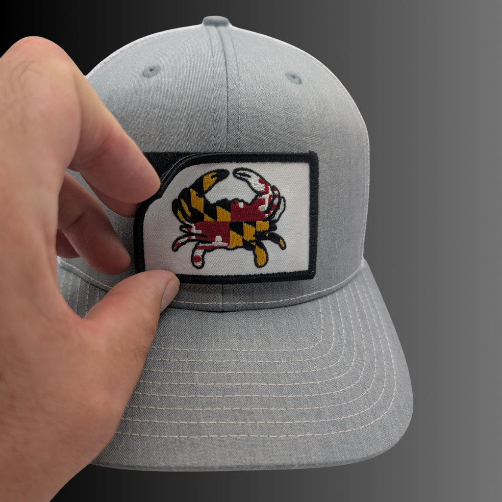 Maryland Flag Crab patch on Richardson 112 trucker hat - RADISH -  Grey/White