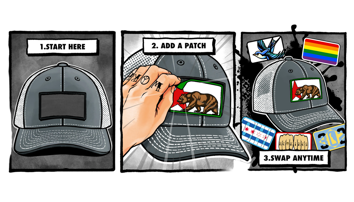 A comic-style instructional graphic showing a gray trucker cap with a blank patch panel, labeled steps 1, 2, and 3: Start here, add a patch, and swap anytime. A hand is shown attaching a California flag patch in the center panel.