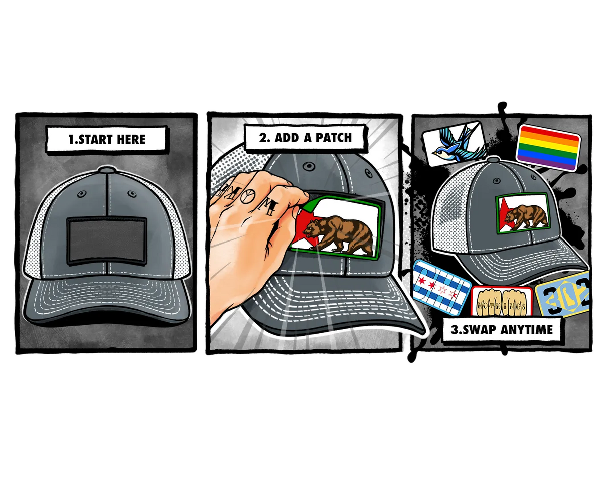 Three-panel illustrated guide showing how to use a patch on a trucker hat: panel 1 shows the hat with a blank patch area labeled '1. START HERE'; panel 2 shows a hand placing a patch on the hat labeled '2.