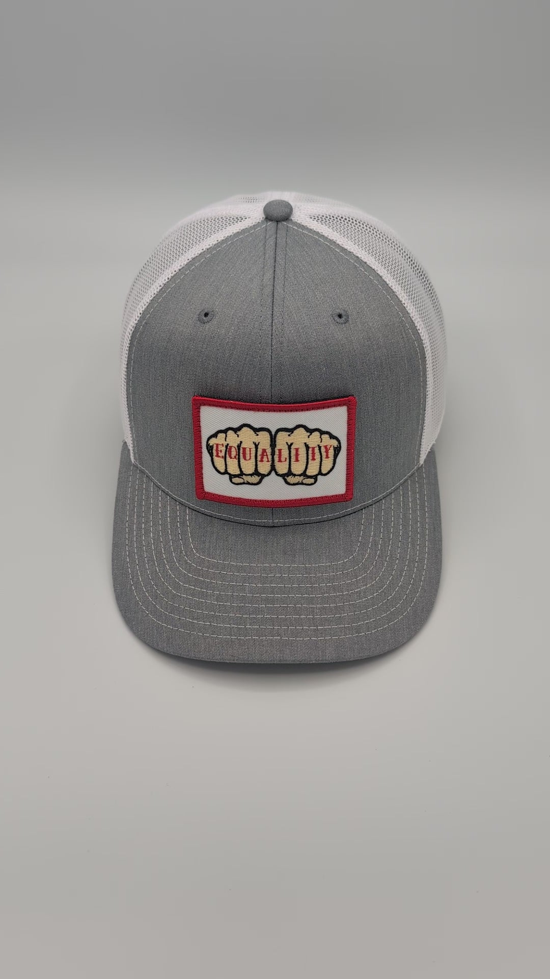EQUALITY knuckle tattoo patch on Richardson 112 trucker hat - RADISH -  Grey/White